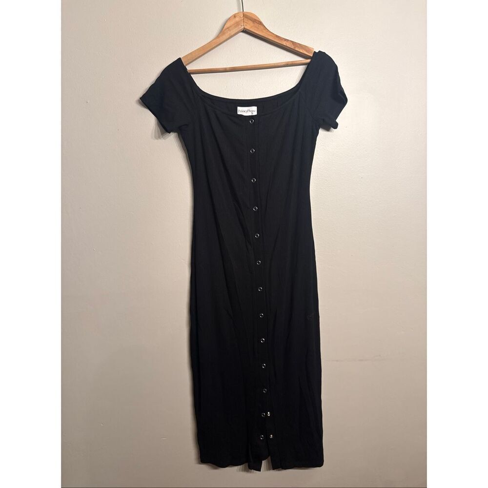 Privacy Please Black Rue Ribbed‎ Knit Snap Button Down Midi Dress Size Small